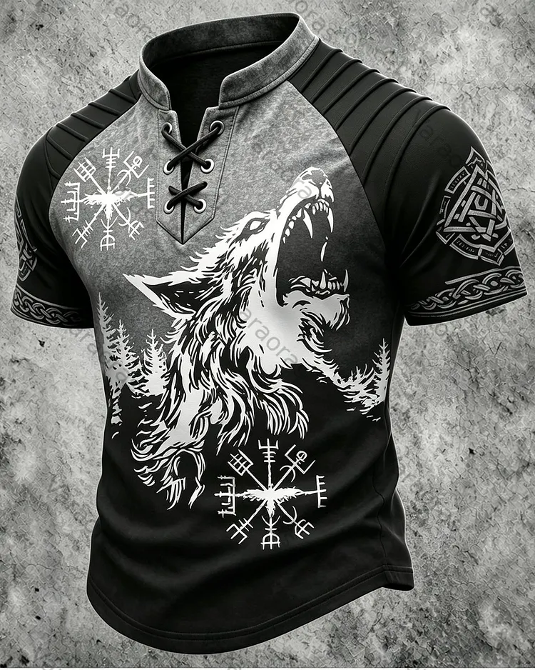 Men's Viking Wolf Print Short-Sleeve Henley T-Shirt 8215