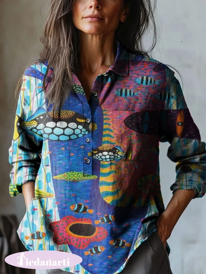 Women's Abstract Face Pattern Art Print Casual Cotton And Linen Shirt