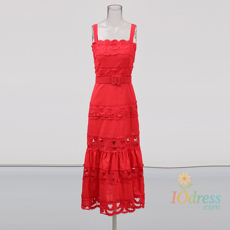 IO Dress TWOTWINSTYLE Solid Hollow Out Elegant Dresses for Women Square Neck Sleeveless Patchwork Lace Dress Female Fashion Clothing New IO Dress