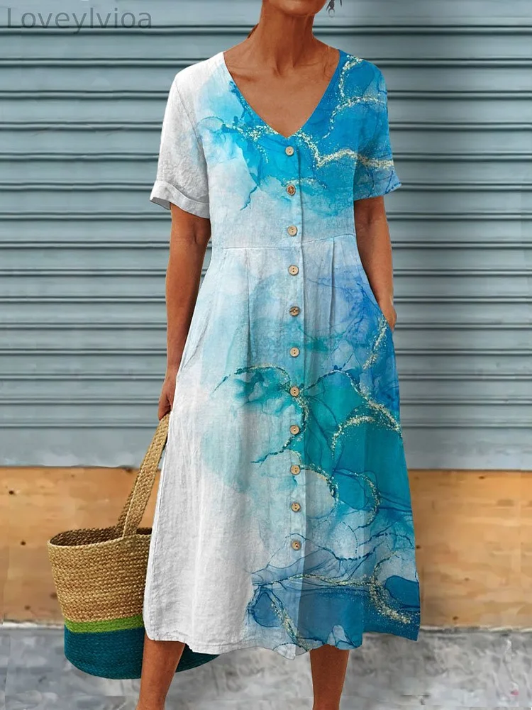 Abstract Art Printed Women's Linen Pocket Tunic Dress