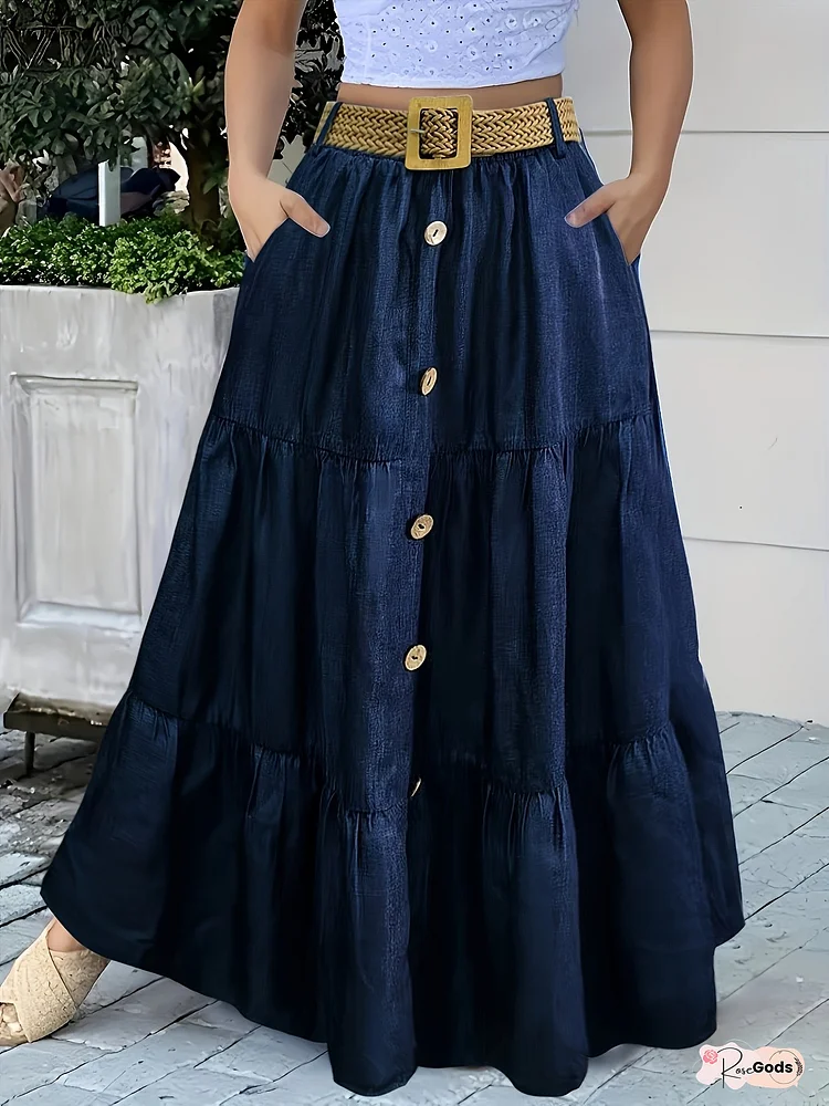 【imitation denim】Summer Bohemian-Style Faux Denim-Inspired Skirt with a Fashionable High-Waisted Belt And a Layered Flared Design, Which Helps to Conceal The Hips And Elongate The Legs While Featuring Practical Pockets, Perfect for Vacations, Shopping