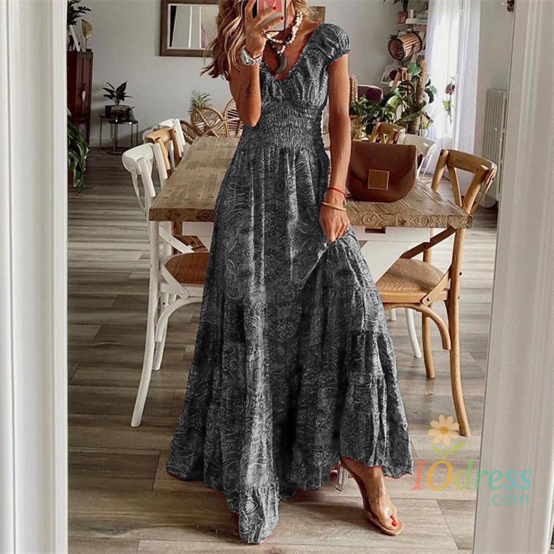 IO Dress 2024 AliExpress Europe and America Plus Size Women's Cross border Summer New Product Bohemian Style Waist Pulling Print Dress IO Dress