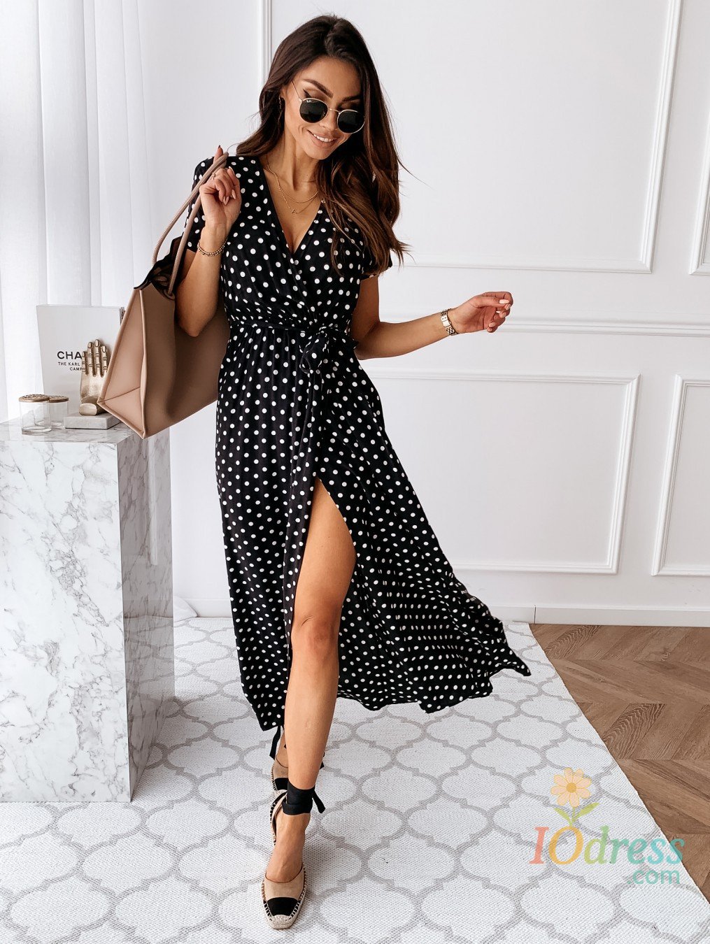 IO Dress Summer New Arrival Women's Fashion V-neck Dress Belt Slit 2025 Casual Loose Fitting Dress Solid Color Polka Dot Printed Dress