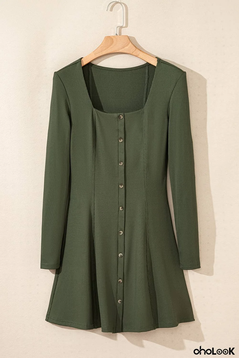 Rib Knit Square Neck Buttoned Mini Dress
