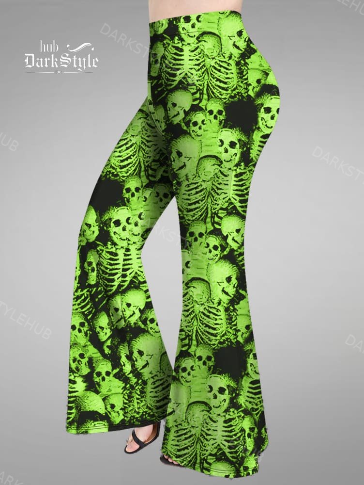 Women's Gothic Green Skull Print Flare Pants