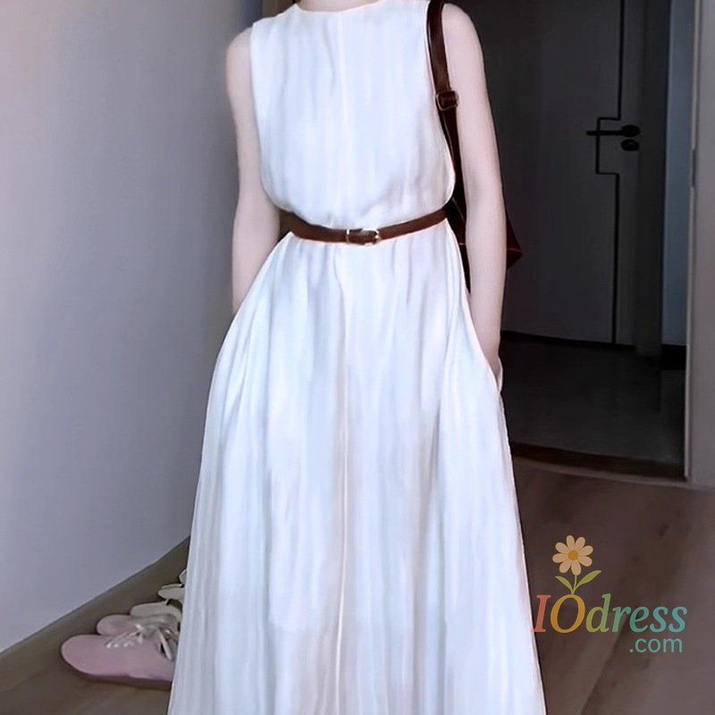 IO Dress White Dress, Female Summer Sleeveless Vest Dress, O-neck, Long Dress, Temperament, Slim, Big Bottom Dress IO Dress