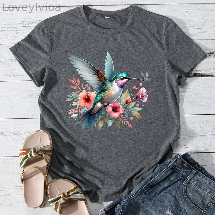 Peak birds and flowers Round Neck T-shirt-0025932