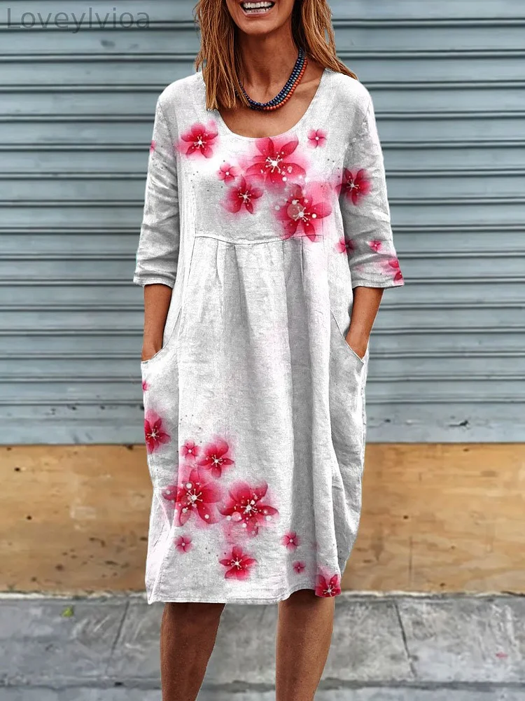 Womens Flower Art Print Linen Pocket Tunic Dress