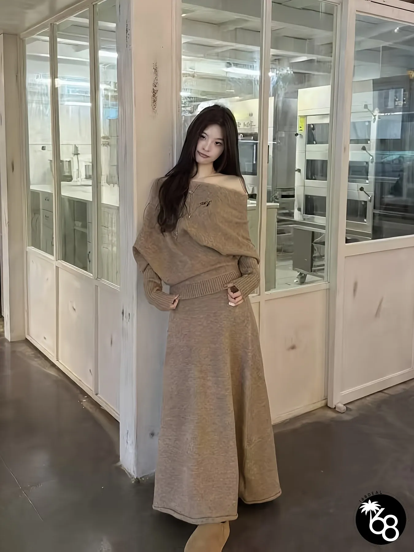 Womens Elegant Oversized A-Line Maxi Dress With Puff sleeve hem soft beige solid color | 168DEAL