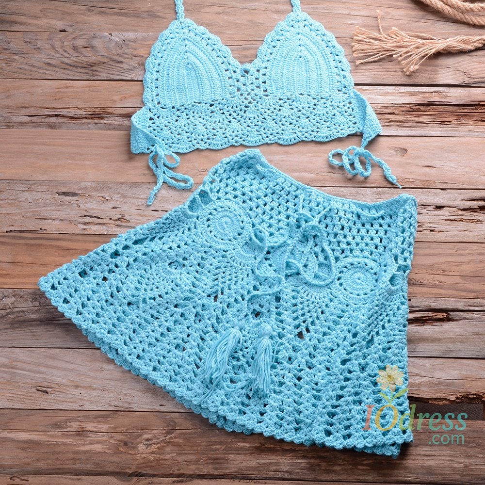 IO Dress CROCHET BIKINI Two-piece Crochet Women Bikini Set Cover Up Swimsuit Swim Skirt Swimwear Bathing Swimdress Beachwear
