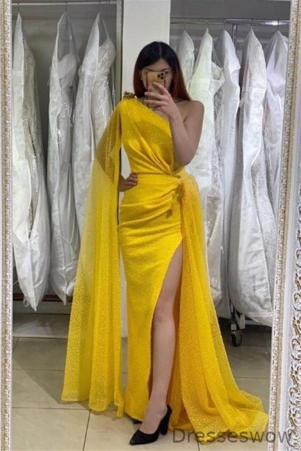 Dresseswow Yellow One Shoulder Ruffles Prom Dress Mermaid Long Split