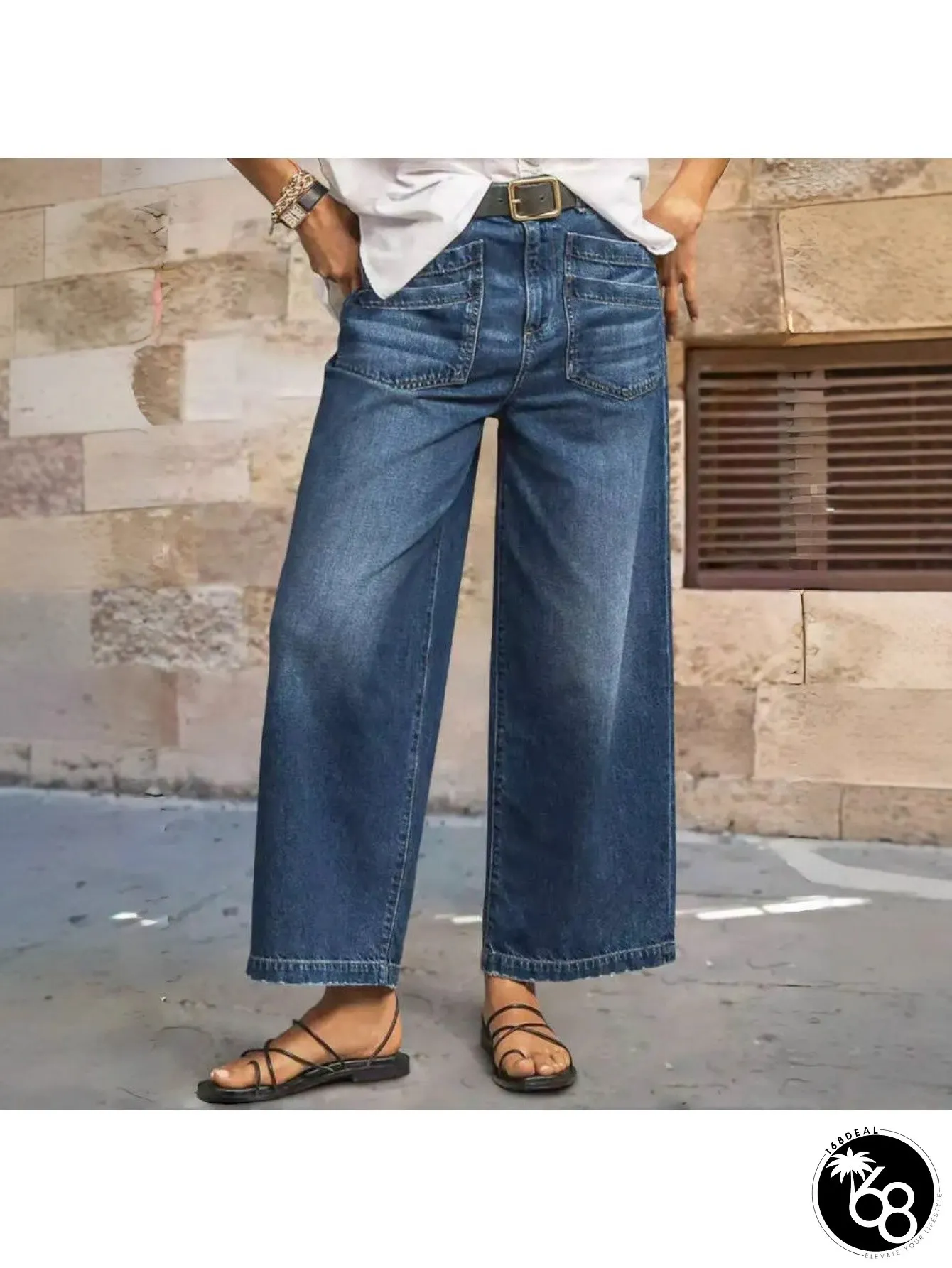 Womens Plus Size Jeans Stretchy Mid-Waist Wide Leg Pants with Slanted Pockets Non-Belted | 168DEAL