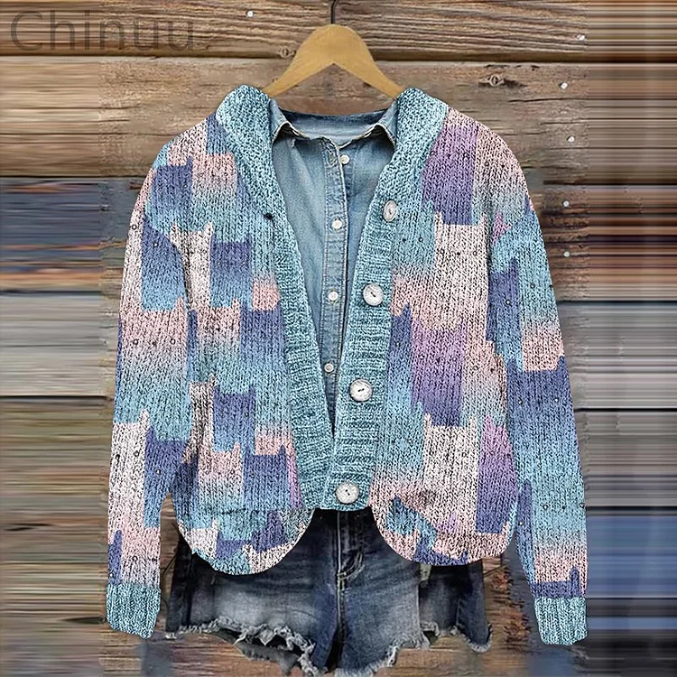 Button Cute Cat Pattern Knit Color Block Printed Cardigan