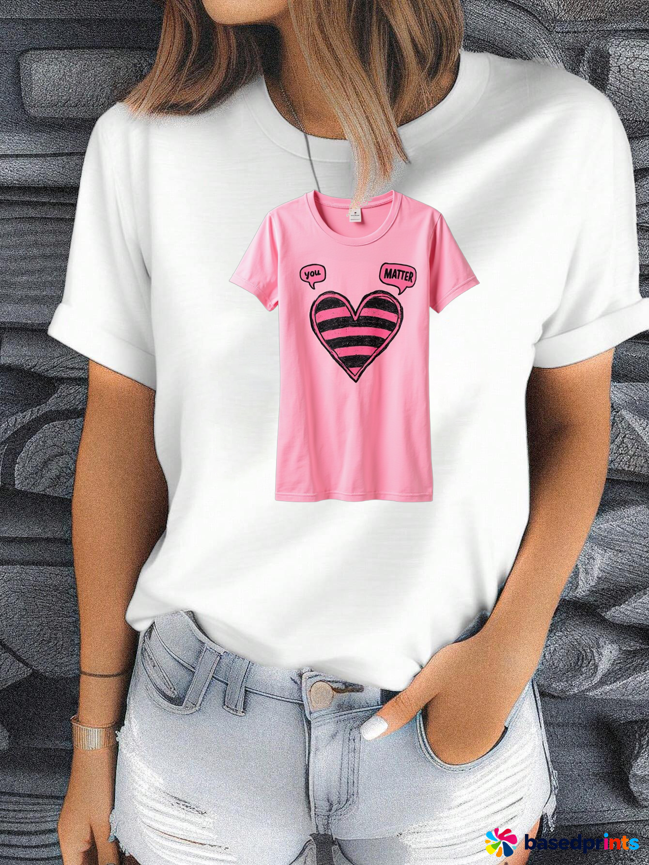 Pink Striped Heart T-Shirt Women's Casual Short Sleeve Tee