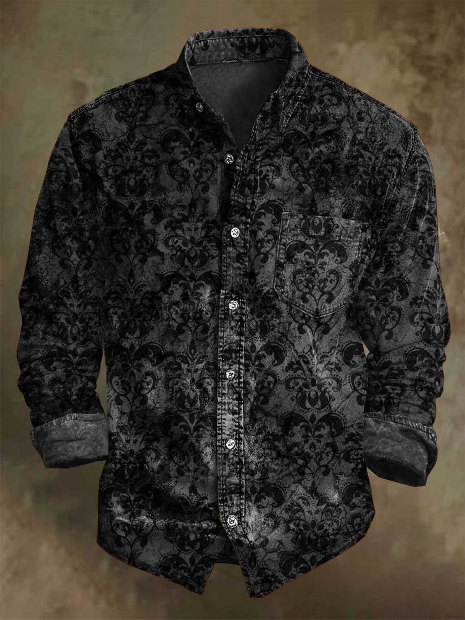 Men's Gothic Floral Print - 100% Cotton Long Sleeves Shirt
