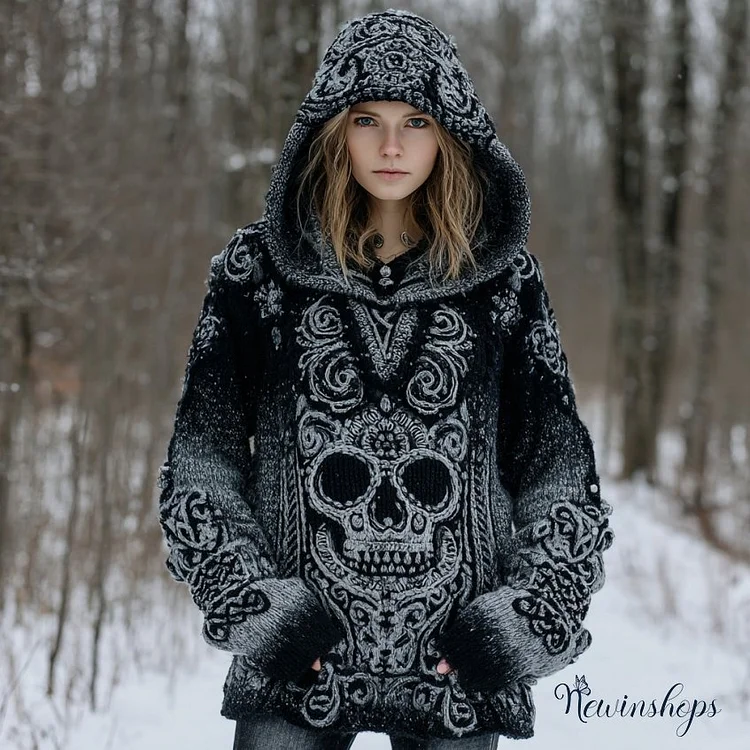Women's Vintage Skull Gradient Art Knit Hooded Sweater