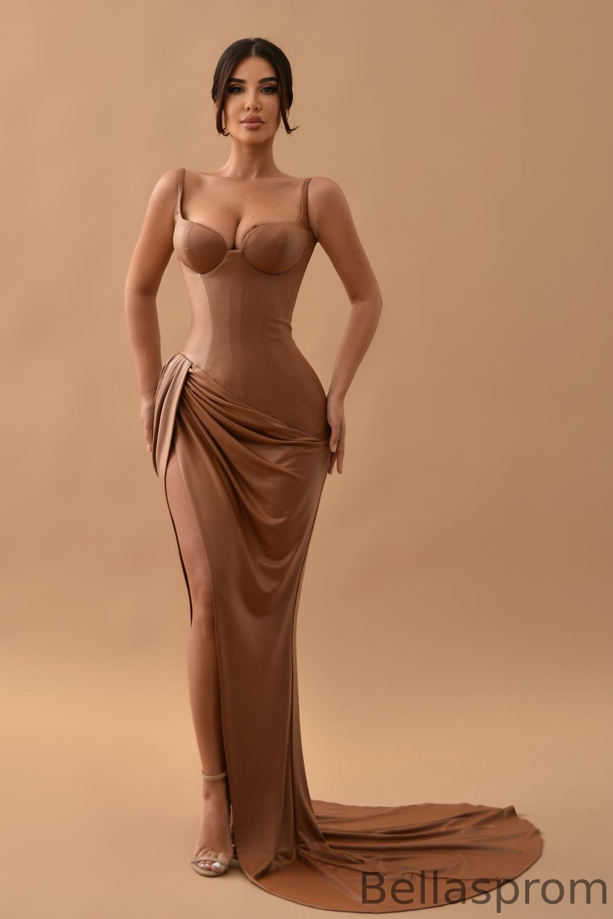Bellasprom Brown Sleeveless Mermaid Prom Dress Long With Split Bellasprom