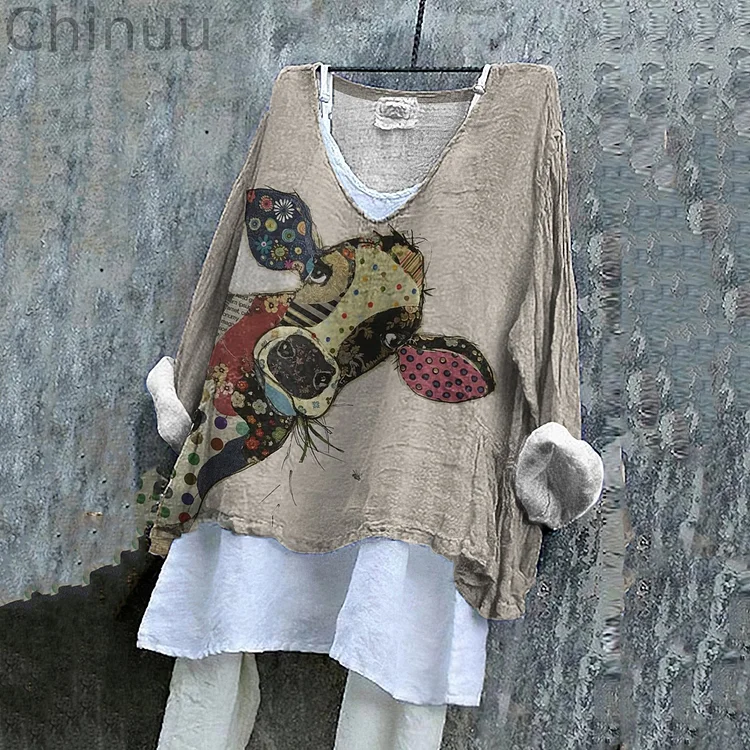 Women's Vintage Cattle Cozy Linen Blend Tunic