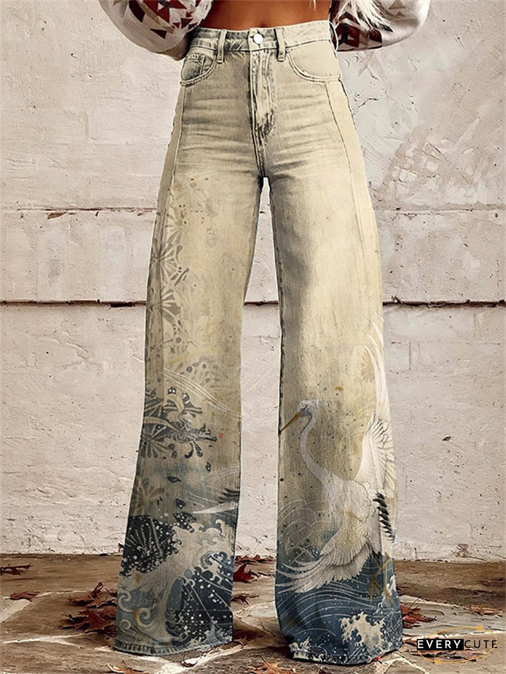 Women's New 3D Printed Flare Pants Imitation Denim Pants Jeans