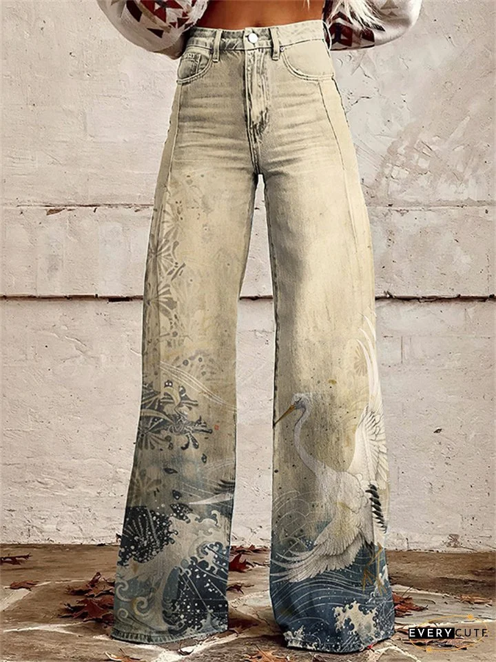 Women's New 3D Printed Flare Pants Imitation Denim Pants Jeans