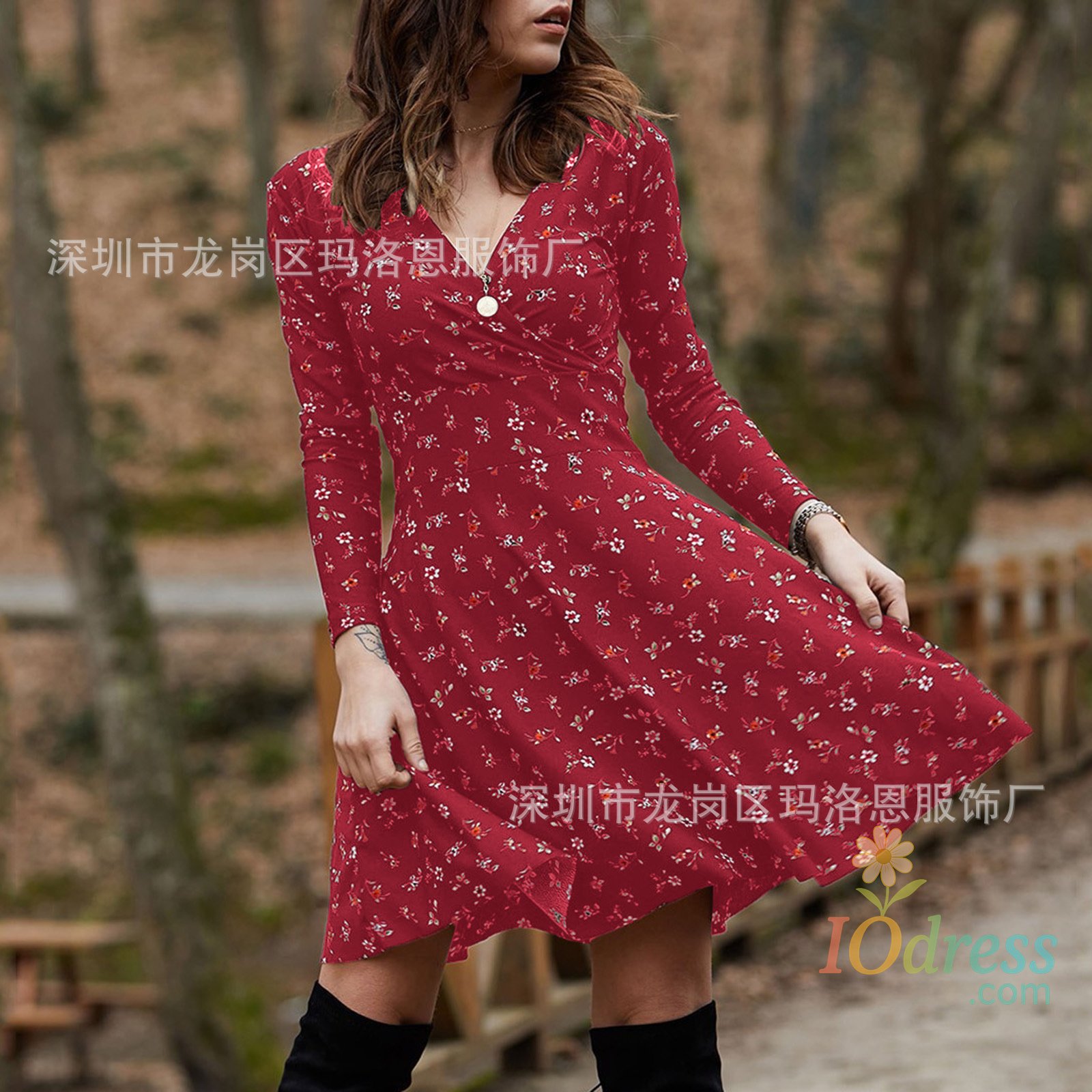 IO Dress Autumn Floral Dress Women's Long-sleeved Sexy V-neck Pullover Dress Temperament Commuting Long Dress