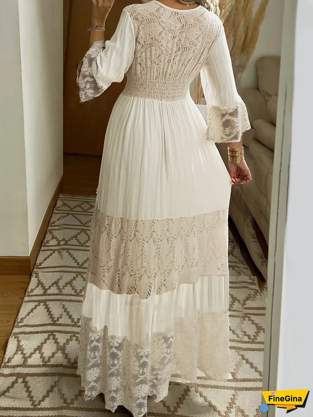 Elegant Bohemian Lace Maxi Dress With Deep V-Neck And Bell Sleeves - Perfect For Weddings, Beach Vacations, And Parties, Beige Floral Pattern, Flowy A-Line Silhouette, Polyester Blend, Summer Fashion, Beach Dress