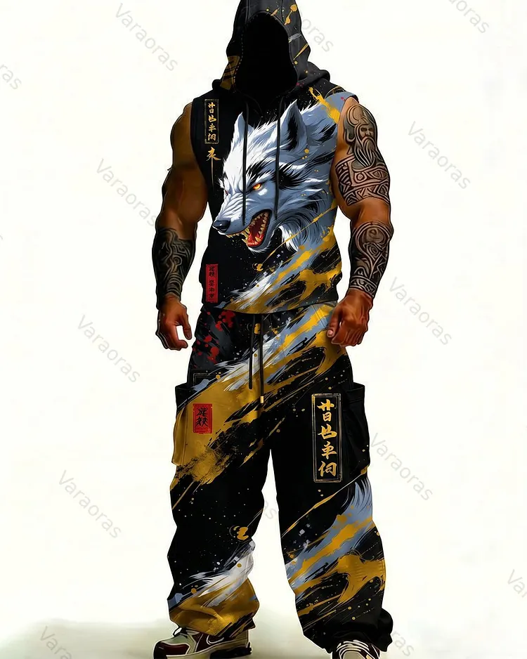 Men's Fashion Wolf Embroidery Hooded Sleeveless Top and Pants Two-Piece Set 1449