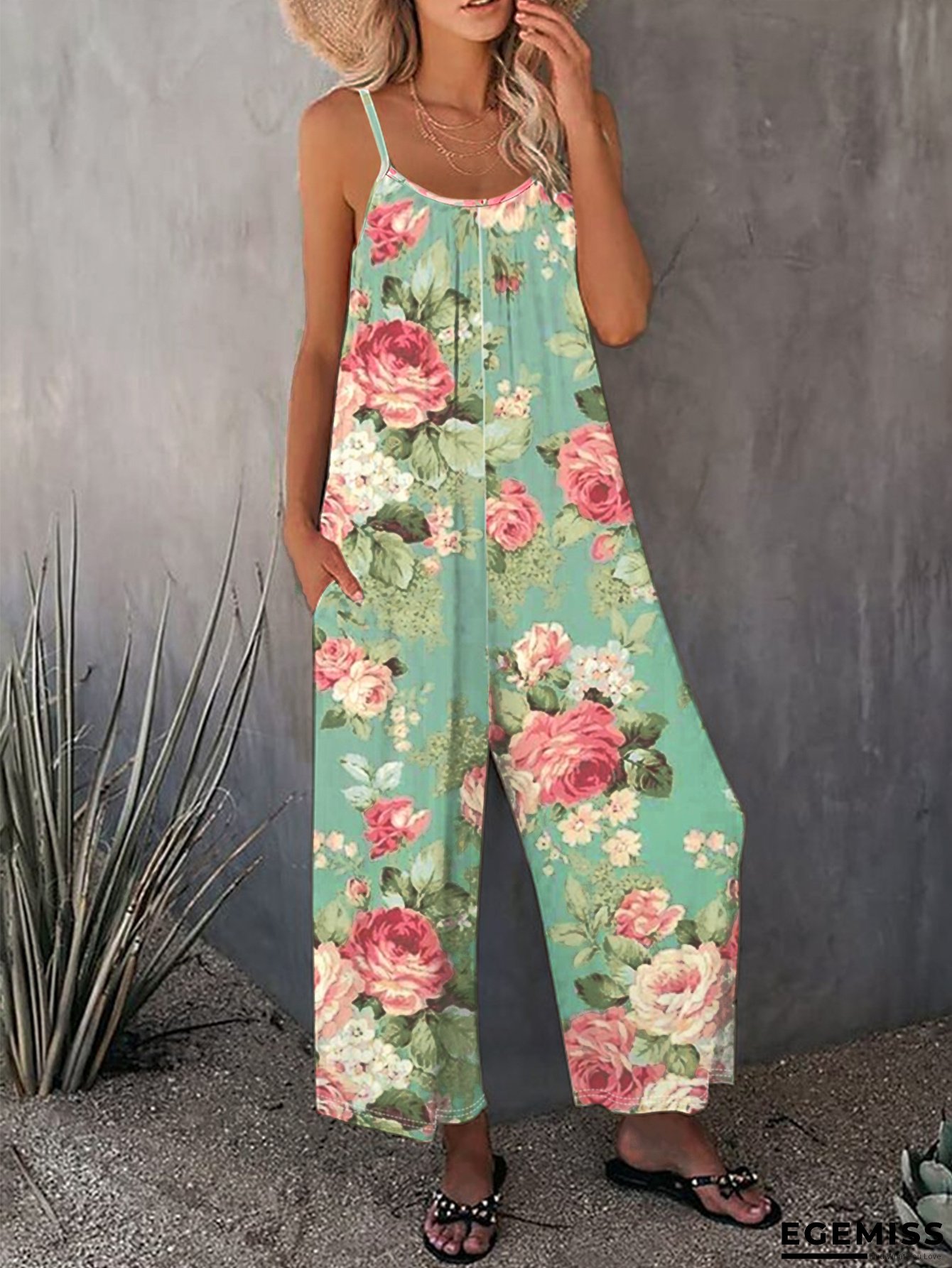 Women&lsquo;s Floral Print Sleeveless Jumpsuit with Pockets - Lightweight Summer Vacation Style, Casual Spaghetti Strap Overalls for Adults, Beachwear & Leisure Outfit, Vacation Attire, Comfortable Fit | EGEMISS