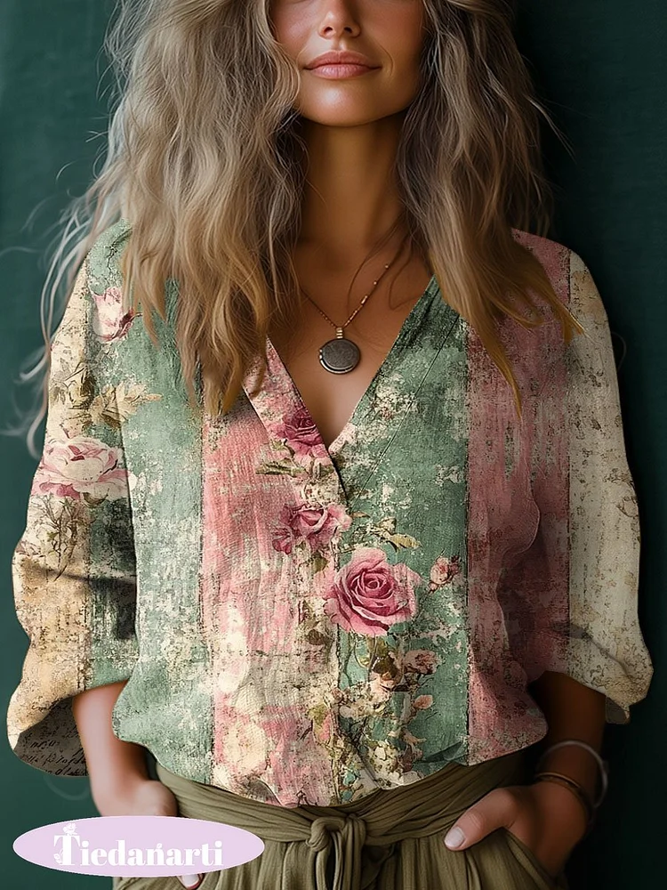 Women's Vintage Flower Art Print Casual Cotton And Linen V-neck Shirt