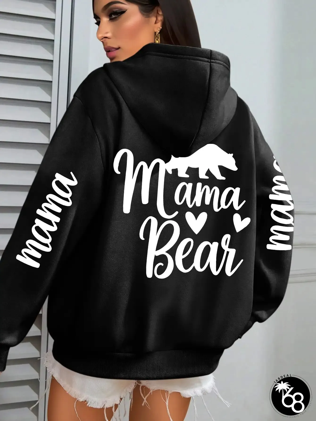 Womens Mom Bear Hooded Sweatshirt White with Black Heart Design Cozy Pullover Pocket Mama | 168DEAL