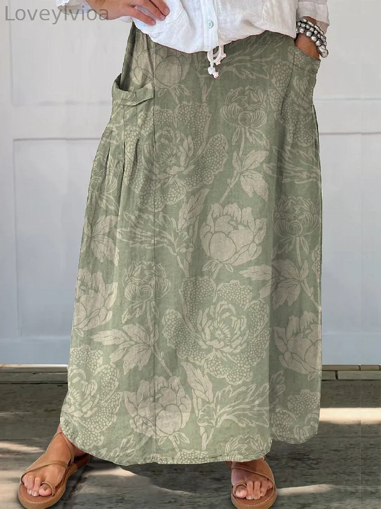 Women's Retro Elegant Floral Art Linen Pocket Skirt