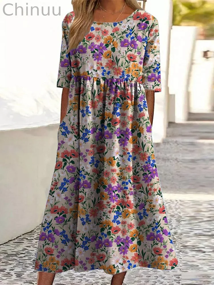 Vibrant Small Summer Floral Pattern Printed Women's Pocket Cotton Dress