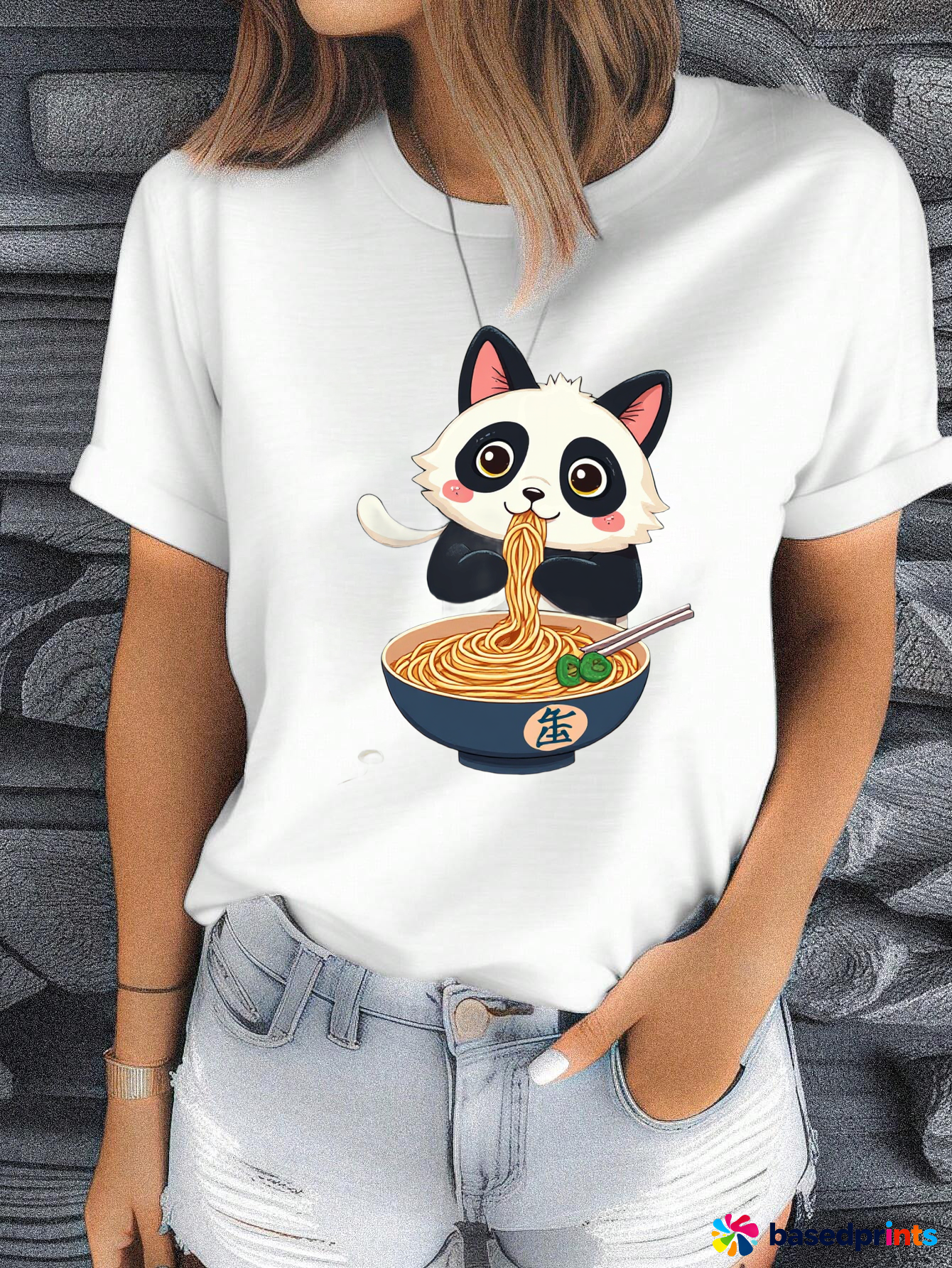 Cute Cat Eating Noodles T-Shirt Women Funny Graphic Tee