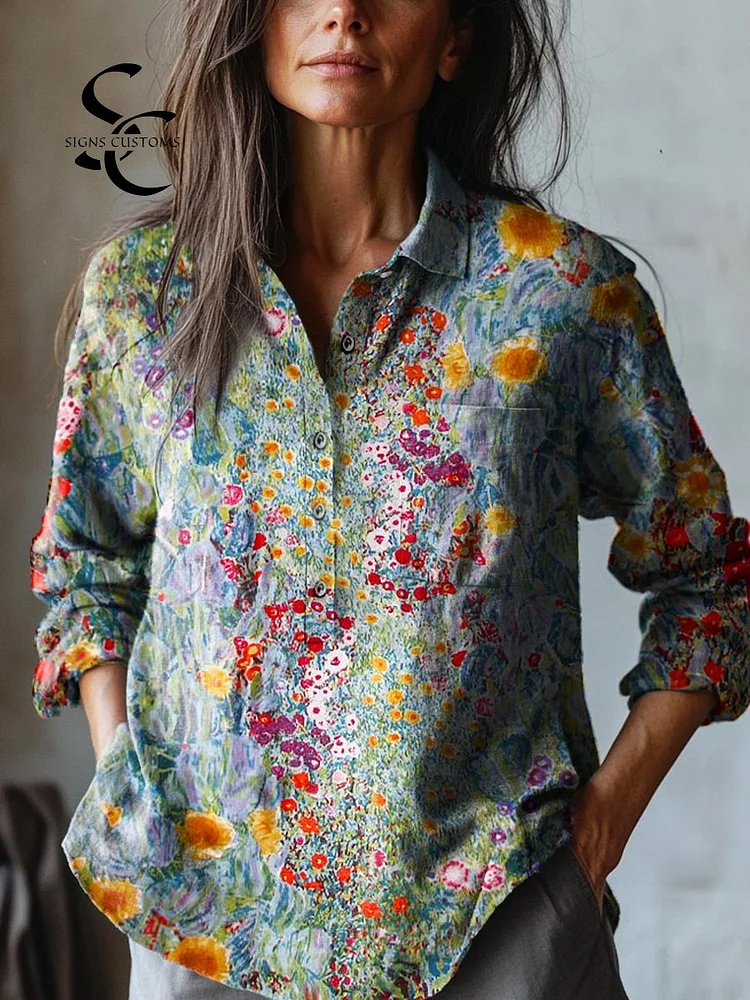 Women's Vintage Lovely Floral Art Print Casual Cotton And Linen Shirt