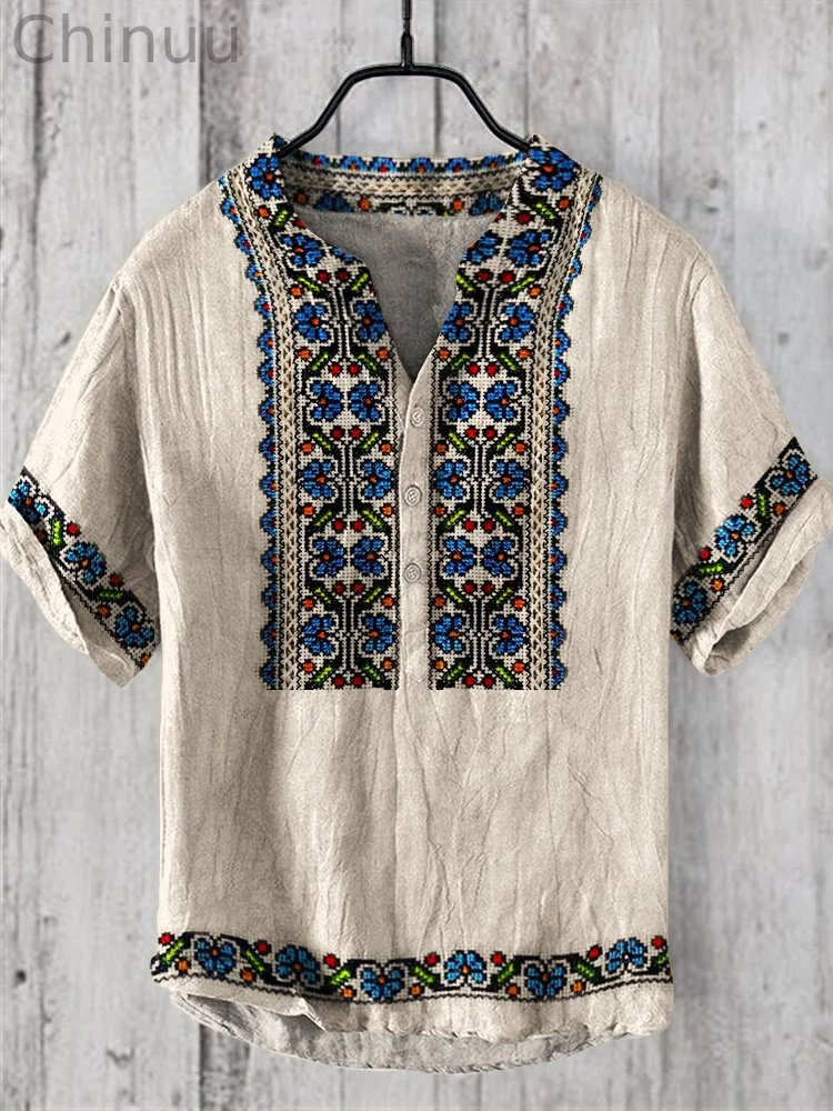 Classic Ethnic Floral Pattern Linen V-Neck Shirt