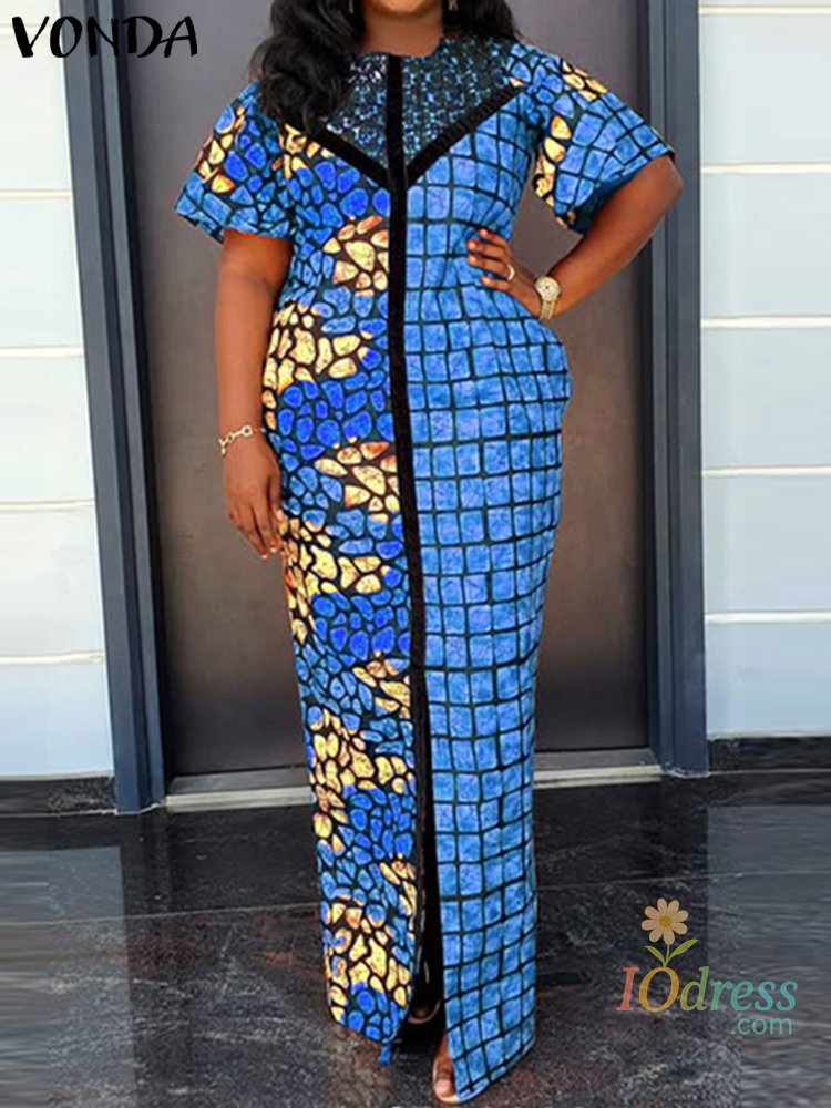IO Dress VONDA Bohemian Summer Long Dress Women Vintage Short Sleeve Maxi Sundress 2025 Casual Printed Patchwork Beach Vestidos Oversized IO Dress