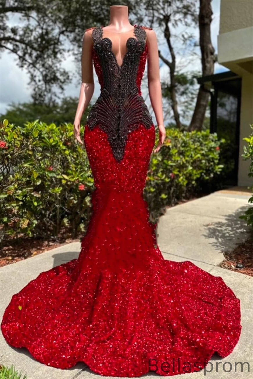 Bellasprom Red Scoop Sleeveless Mermaid Prom Dress Sequins Long With Beadings Bellasprom
