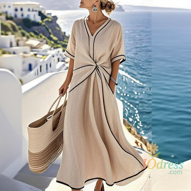 IO Dress Elegant Striped Print Short Sleeve Woman Dress Casual V Neck Vacation Beach Maxi Dress Summer Boho Loose Irregular  A-Line Dress