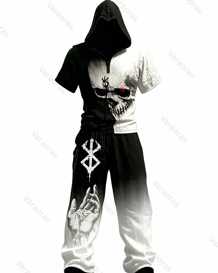 Men's Summer Fashion Gothic Skull Gradient Hooded Top and Pants Two-Piece Set 3402