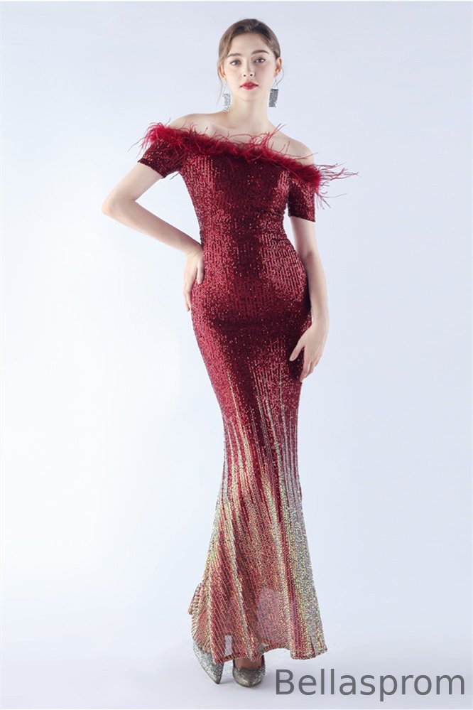 Bellasprom Off-the-Shoulder Short Sleeve Evening Dress Sequins Mermaid Feather Bellasprom
