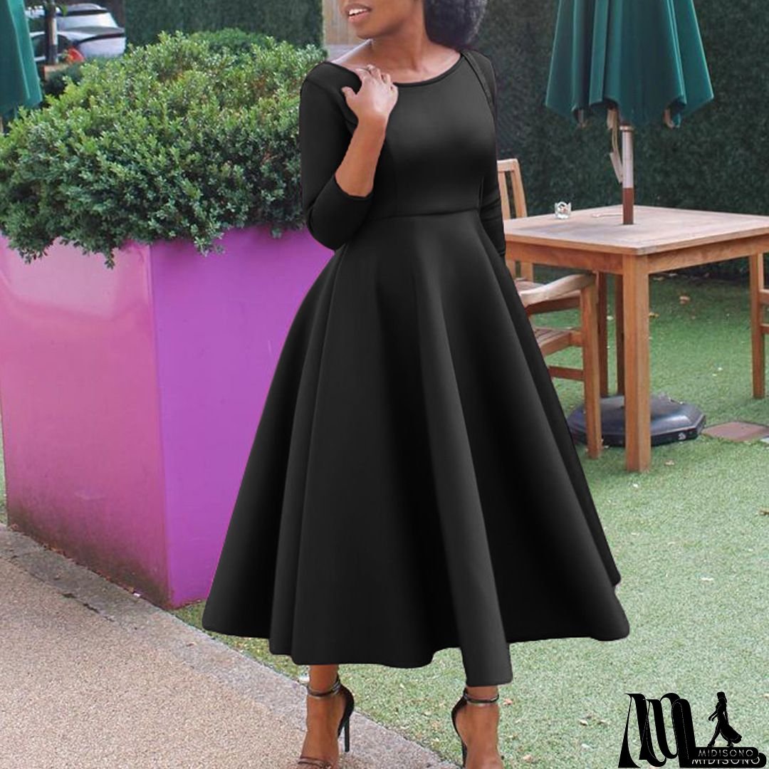 Elegant French-Inspired Midi Dress With Ruffled Hem - Light Green, Long Sleeves, Round Neck, Cinched Waist, Perfect For Spring & Fall, Casual Elegance|Ruffled Hem Dress|Cinched Waist Design