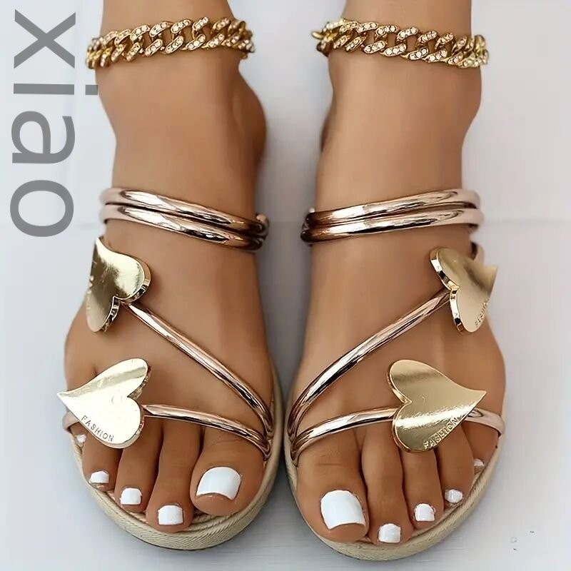 Women's Heart Flat Slide Sandals Woman Slippers Flat Shoes Ladies Fashionable Open Toe Non Slip Shoes Outdoor Beach Slides