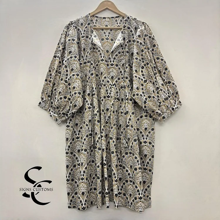 Green Floral Print Soft Cotton Woman Midi Dress &ndash; Summer Tunic for Women with String Closure