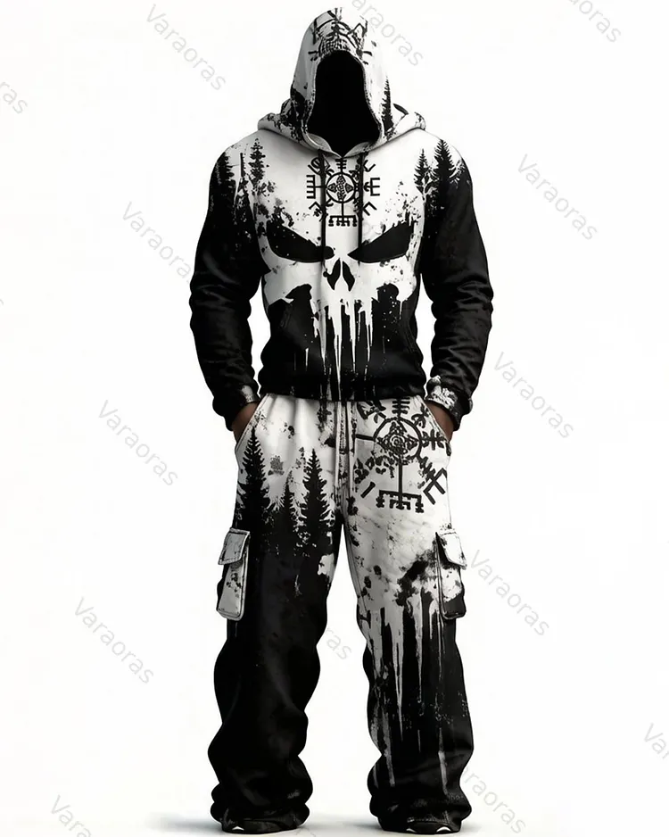 (Short Set) Men's Fashion Skull Contrast Color Embroidered Hoodie & Pants Two-Piece Set 4888
