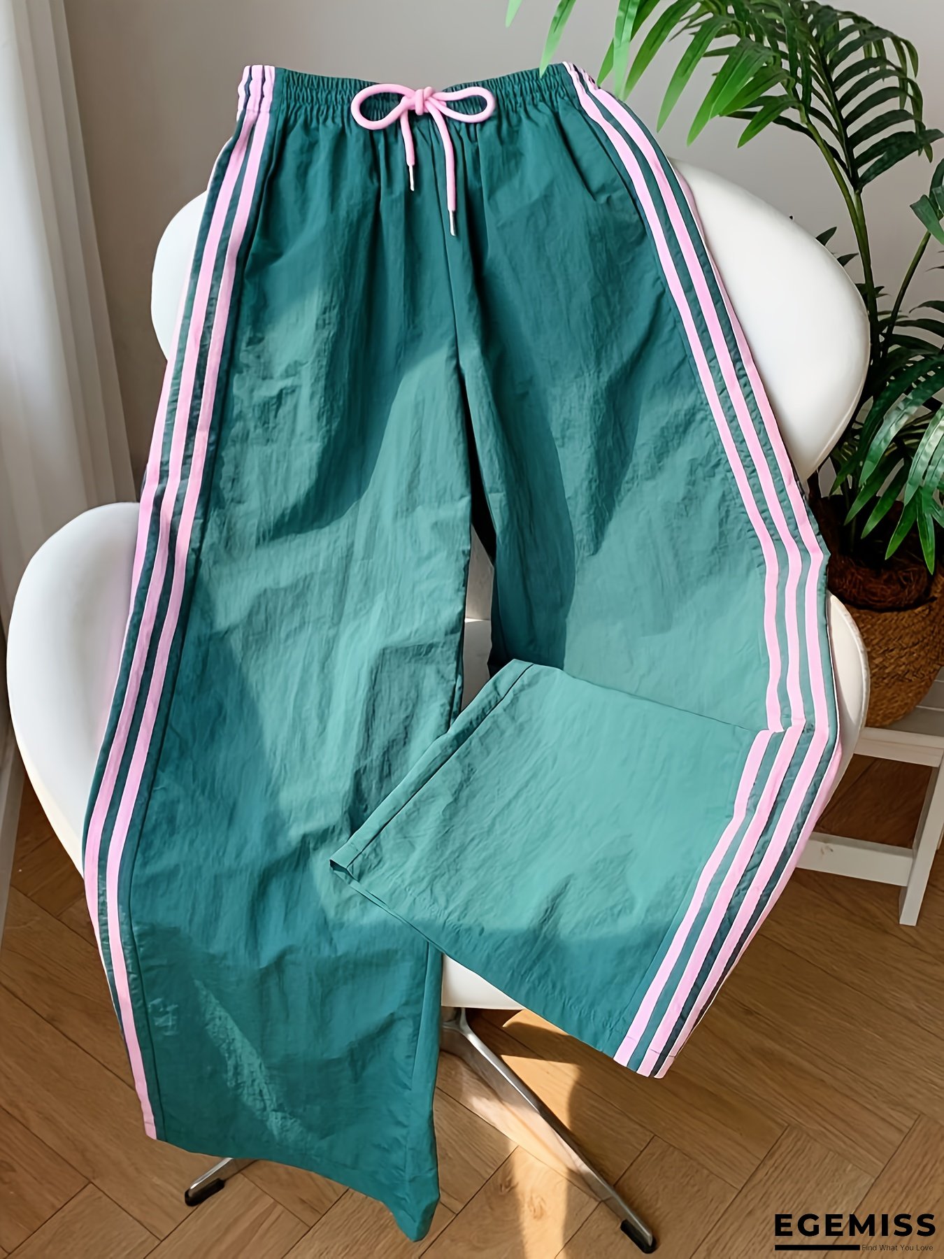 Women's Burgundy & White Striped Wide-Leg Trousers - All-Season Casual Pants with Adjustable Drawstring Waist, Maroon-Like Color (Maroon-Red) - Relaxed Fit Trousers for, Casual Attire & Activities - Machine Washable, Pants For Women, Womens Clothes | EGEMISS