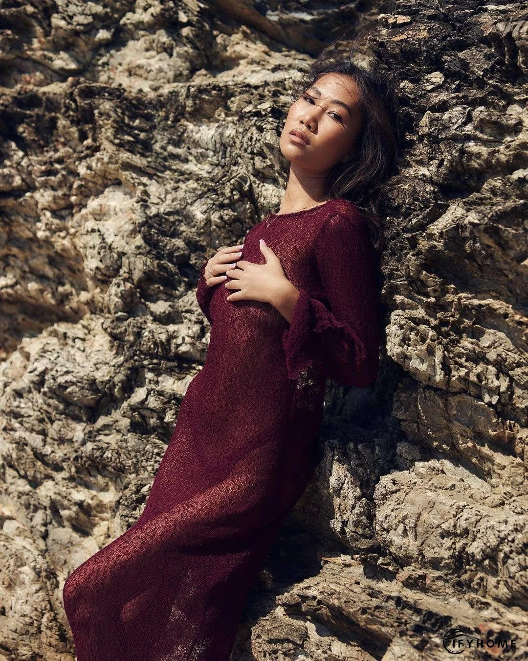 Ladies See Sheer Backless Knit Maxi Dress Beach Cover 1226 | IFYHOME