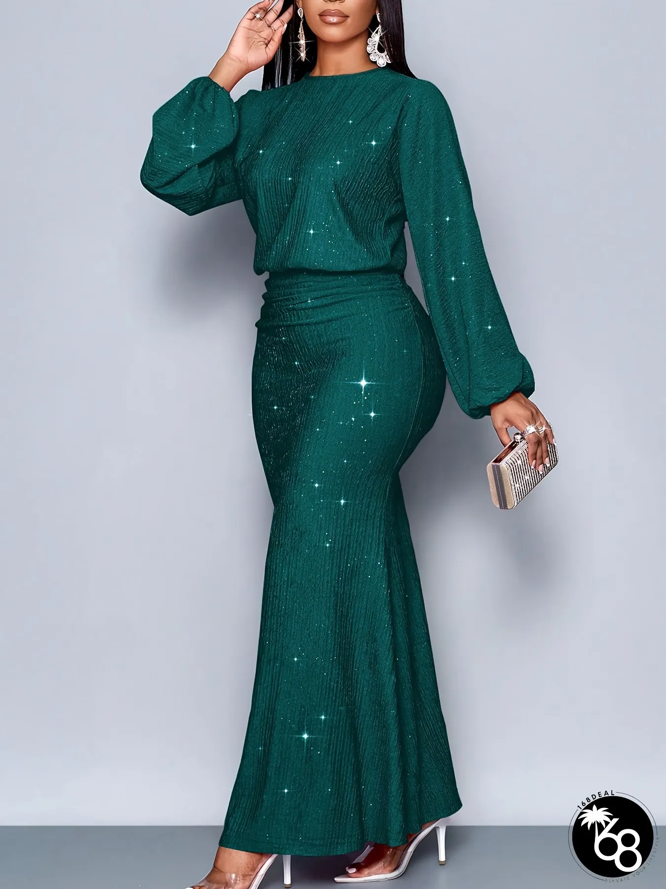 Womens Elegant Green Sequin Bodycon Midi Dress Long sleeve Round-neck high waist glittery | 168DEAL