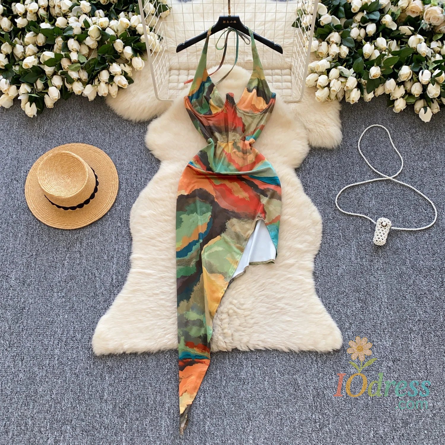 IO Dress Hotsweet Elegant Sleeveless Sexy Halter Bandage V-neck Print Chic Split Asymmetrical Slim Dresses Evening High Street Clothing