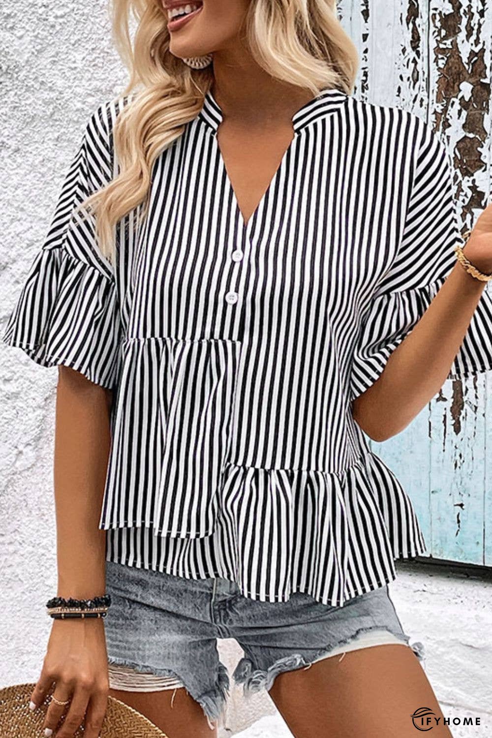 Striped Asymmetrical Flounce Sleeve Blouse | IFYHOME