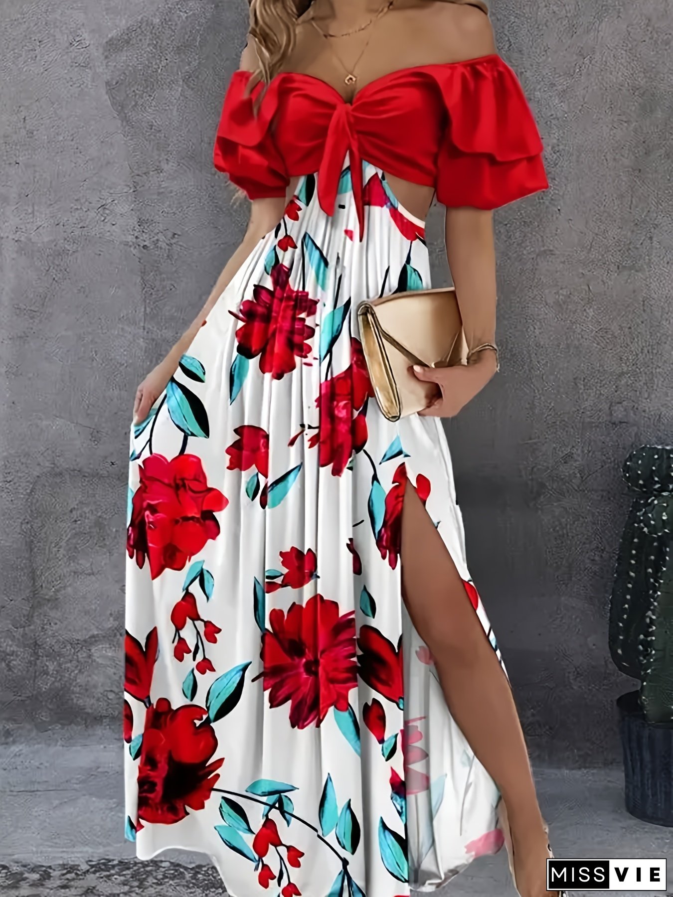Women&lsquo;s Off-Shoulder Floral Maxi Dress with Tie-Front Detail, High-Low Hem, and Side Slit - Vibrant Red, Blue, and Green Floral Print on White, Perfect for Spring/Summer/Fall, Floral Dress